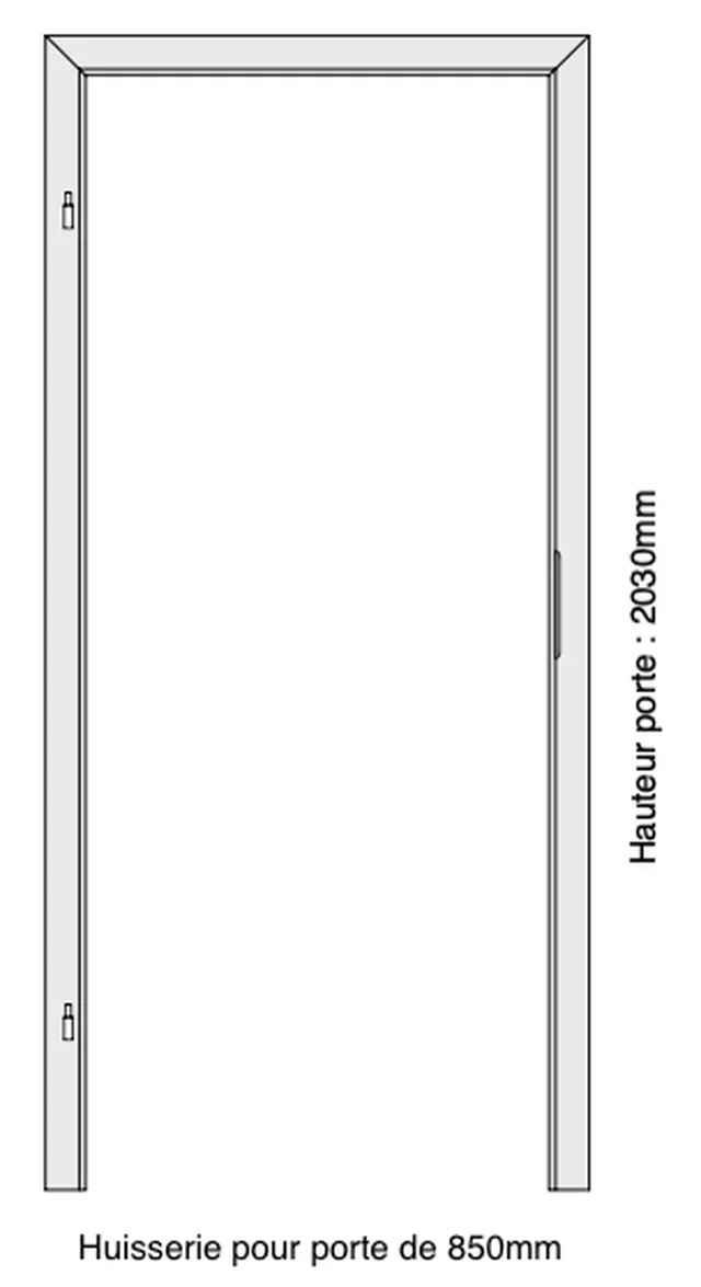Huisserie laquée blanc RAL 9010 pour porte à battée, à bord rond, 2 paumelles, 1 gâche standard, de 850*2030 mm, épaisseur de mur de 135-155 mm, Din Rechts, poussée gauche. Porte à sélectionner séparément.