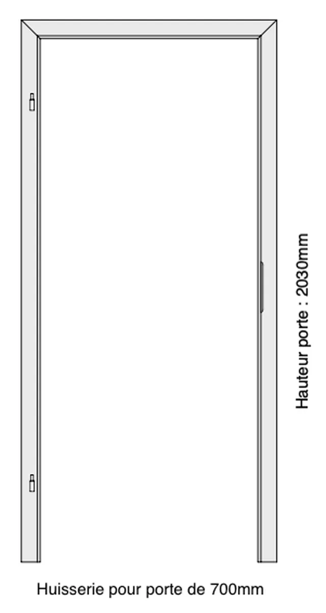 Huisserie laquée blanc RAL 9010 pour porte à battée, à bord rond, 2 paumelles, 1 gâche standard, de 700*2030 mm, épaisseur de mur de 195-215 mm, Din Links, poussée droite. Porte à sélectionner séparément.