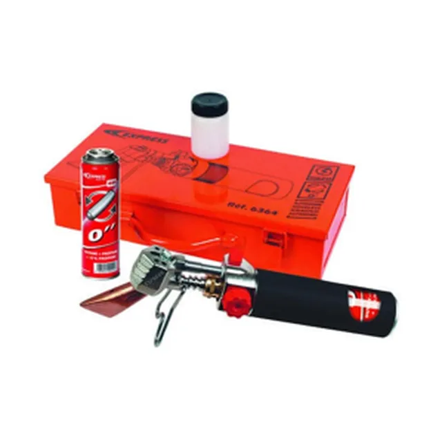 Coffret “Fer de couvreur autonome Piezo”: 1 fer réf. 364 - 2 cartouches gaz propylène (15%) + butane + propane réf. 444 - 1 flacon flux 100ml - 1 sortie gaz de rechange