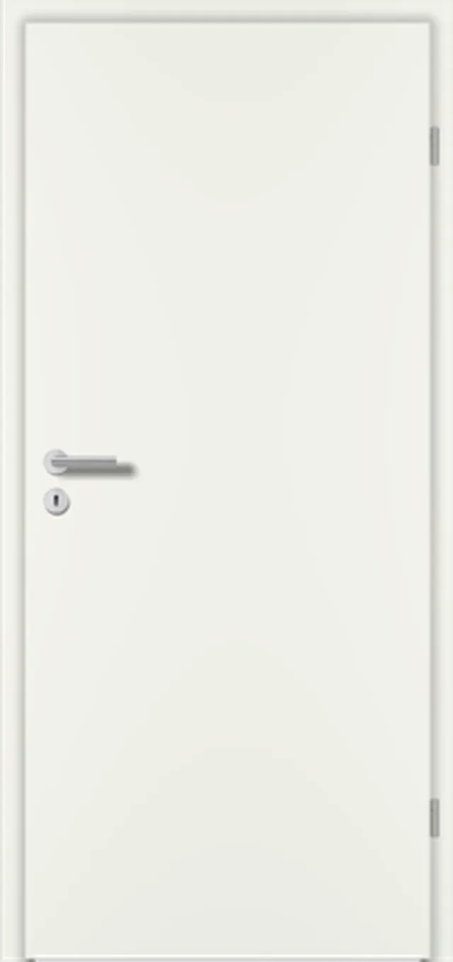 Porte laqué blanc Ral 9016  lisse, à battée, âme tubulaire, bord avec arrondi de 2 mm (RP-KR), 2 paumelles, 1 serrure bb, de 700*2030mm, Din Recht, poussée gauche.