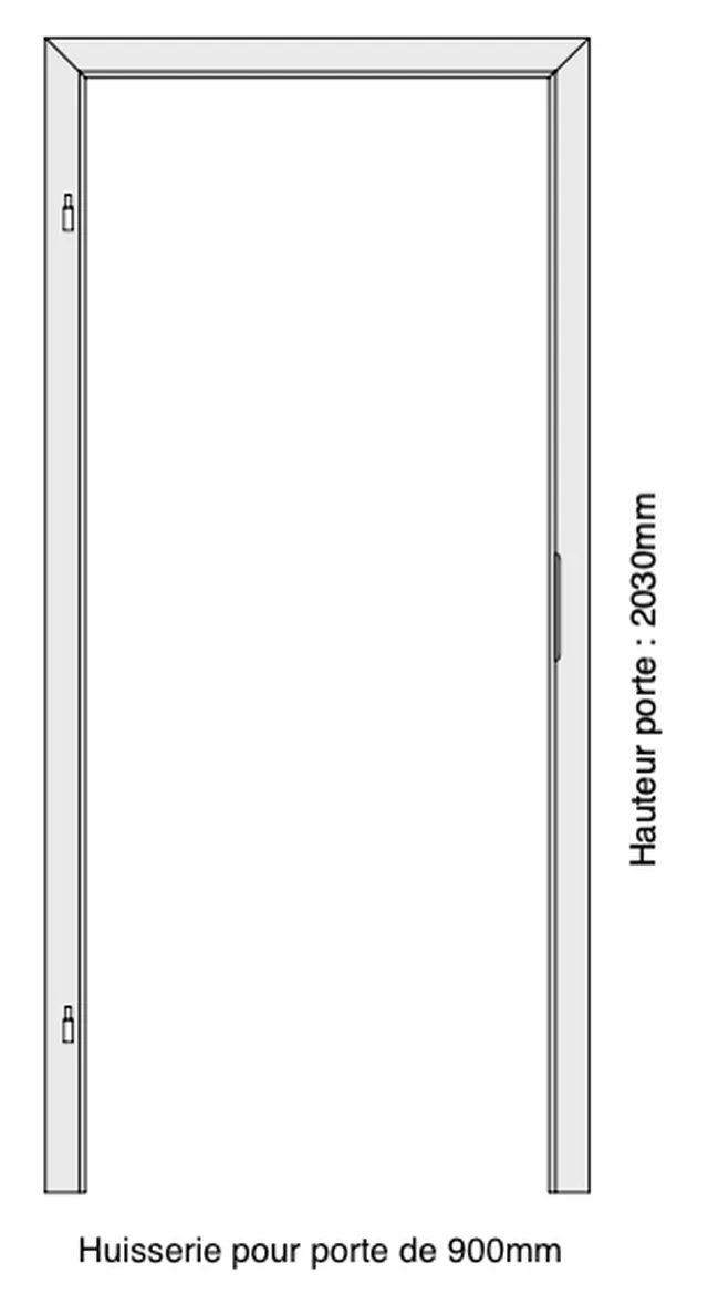 Huisserie laquée blanc RAL 9010 pour porte à battée, à bord rond, 2 paumelles, 1 gâche standard, de 900*2030 mm, épaisseur de mur de 95-115 mm, Din Links, poussée droite. Porte à sélectionner séparément.