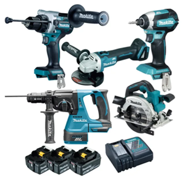 !!MAKITA kit 5 machines lxt18v dga506/dhp486/dhr243/dtd153/dhs660 (3 accu 5ah + dc18rc+ 3 makpak)