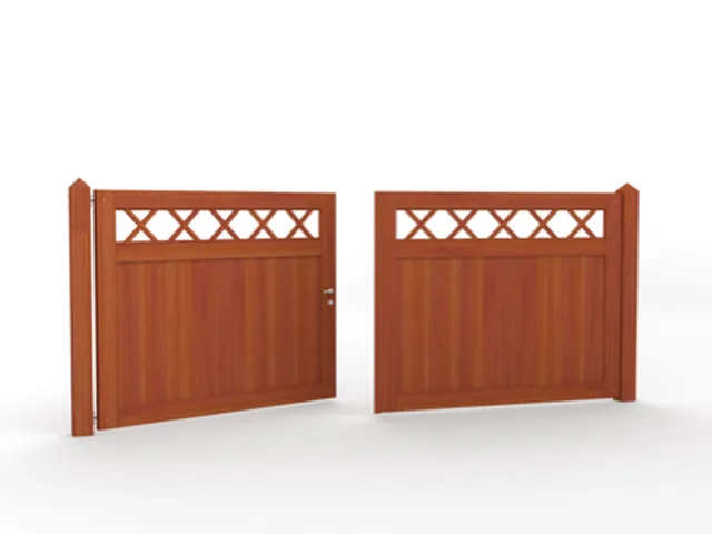 Portail double en padouk avec cadre visible 3000x2000 - Ref 129902