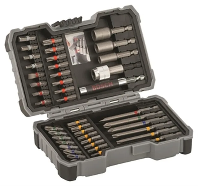 Set 43 pièces embout et douille, coffret PH1; PH2 (2x); PH3; PZ1; PZ2 (2x); PZ3; Plat3; Plat4; Plat5; Plat6 (2x); H3; H4; H5; H6; T10; T15 (2x); T20 (2x); T25 (2x); T27; T30; T40; TH10; TH15; TH20; TH25; TH27; TH30; TH40
