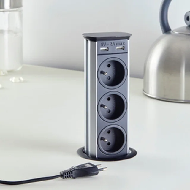 Bloc prise encastrable 3 x 230V + 2 x USB 5V (BE) inox forage 80mm