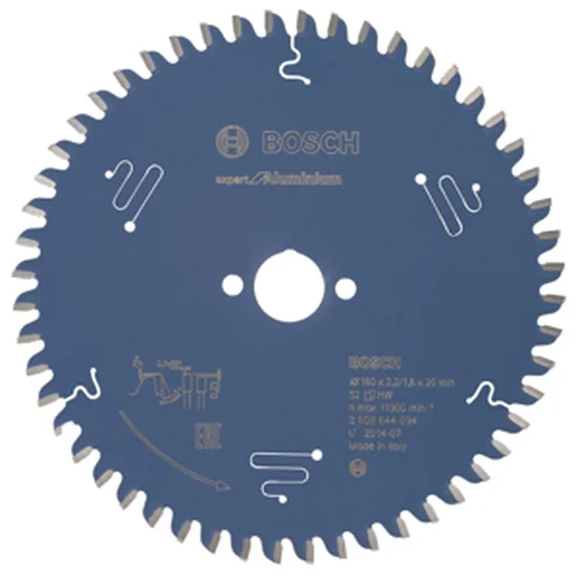 Lame de Scie Circulaire Expert pour Aluminium, 160 x 20 x 2,2 mm, 52D