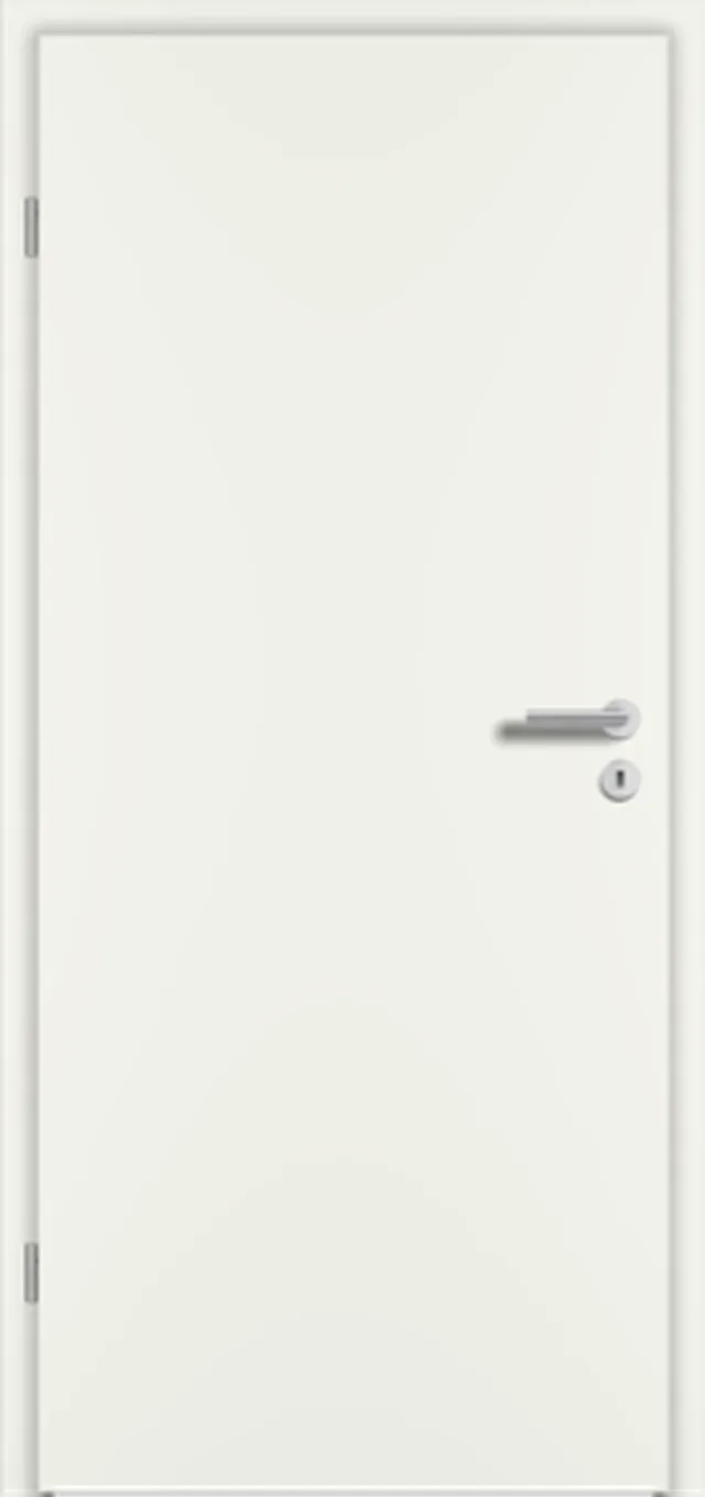 Porte laqué blanc RAL 9010 à battée, âme tubulaire, lisse à bords droits, 2 paumelles, 1 serrure à clé, de 900*2030 mm, Din Links, poussée droite.