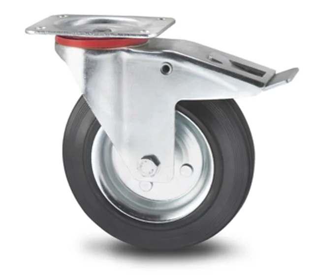 Roulette pivotante à plateau plat + frein, caoutchouc noir, jante acier, roulement à rouleaux, dia. 125 mm (max. 110 kg)