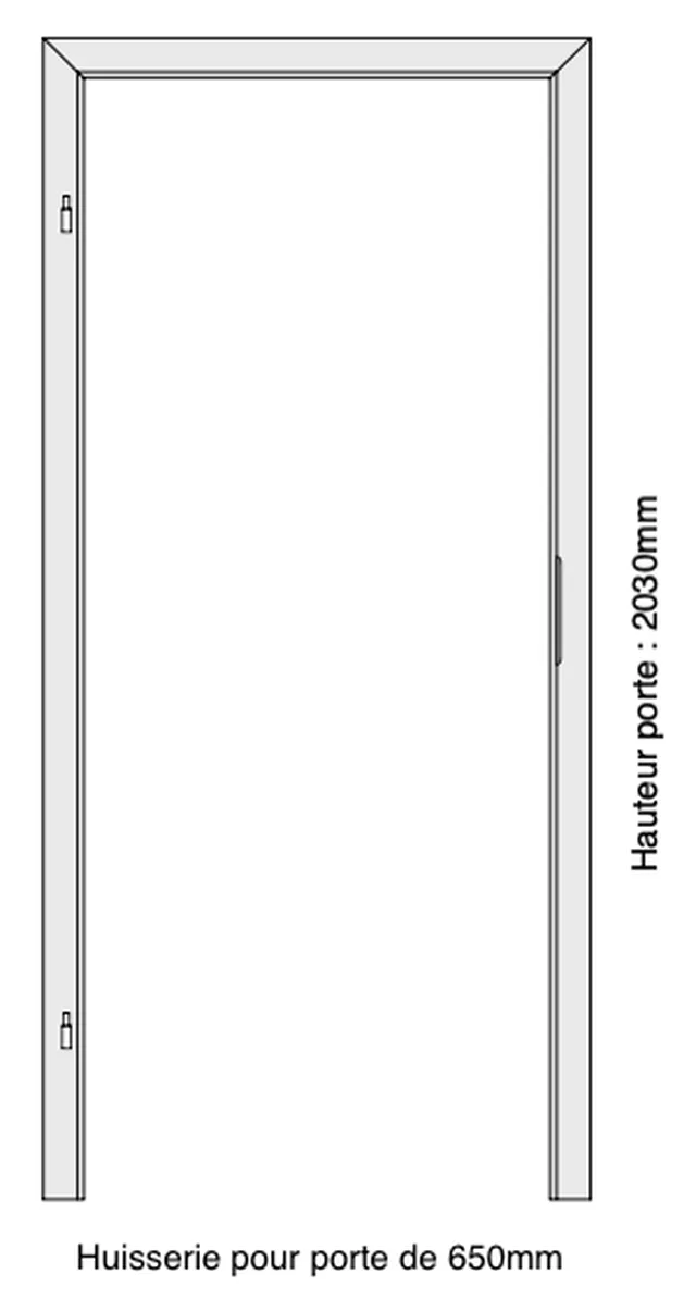 Huisserie laquée blanc RAL 9010 pour porte à battée, à bord rond, 2 paumelles, 1 gâche standard, de 650*2030 mm, épaisseur de mur de 95-115 mm, Din Rechts, poussée gauche. Porte à sélectionner séparément.